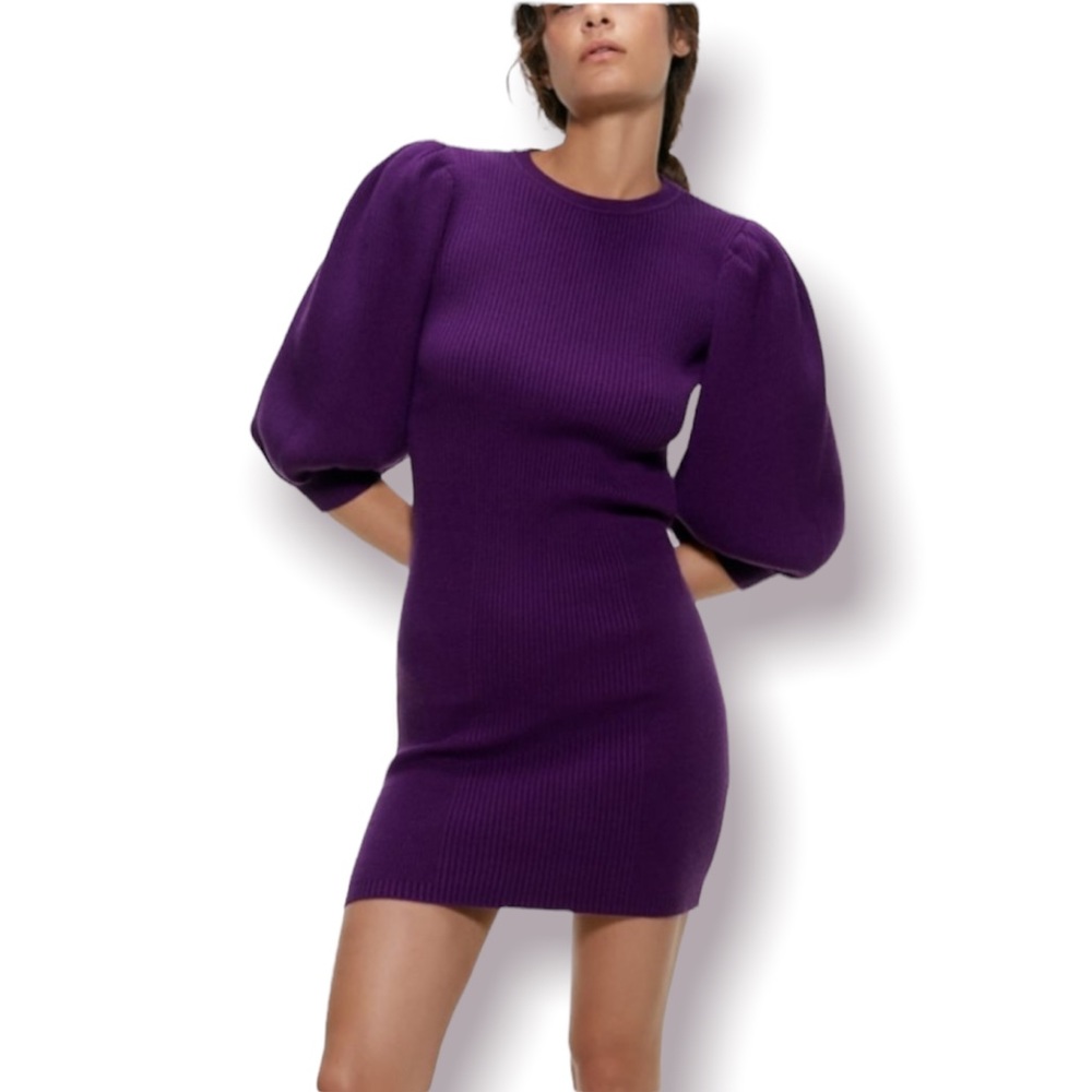 ZARA | Puffy Sleeve Ribbed Sweater Dress